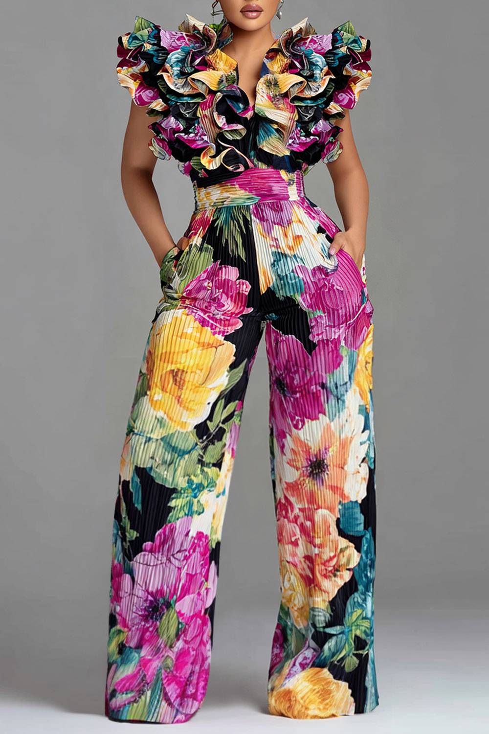 Wedding Guest Multicolor All Over Print V Neck 3D Pocket Jumpsuits