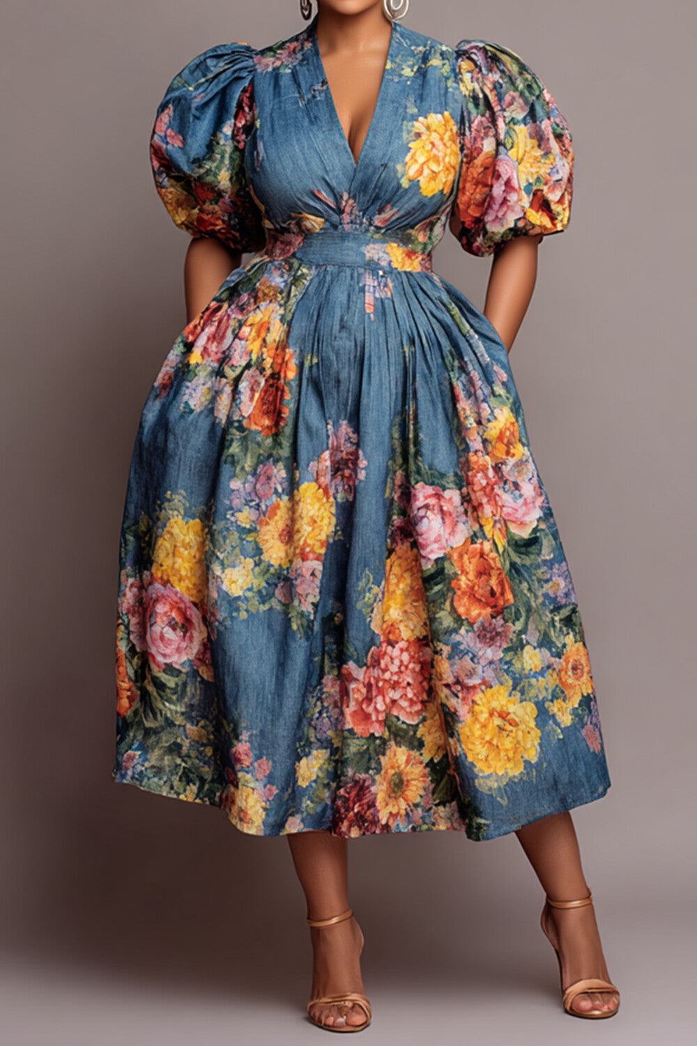 Xpluswear Design Plus Size Party Blue Floral V Neck Puff Sleeve Short Sleeve Pocket Denim Midi Dresses