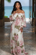 Smocking Off Shoulder Floral Print Cinch Waist Vacation Maxi Dresses-White