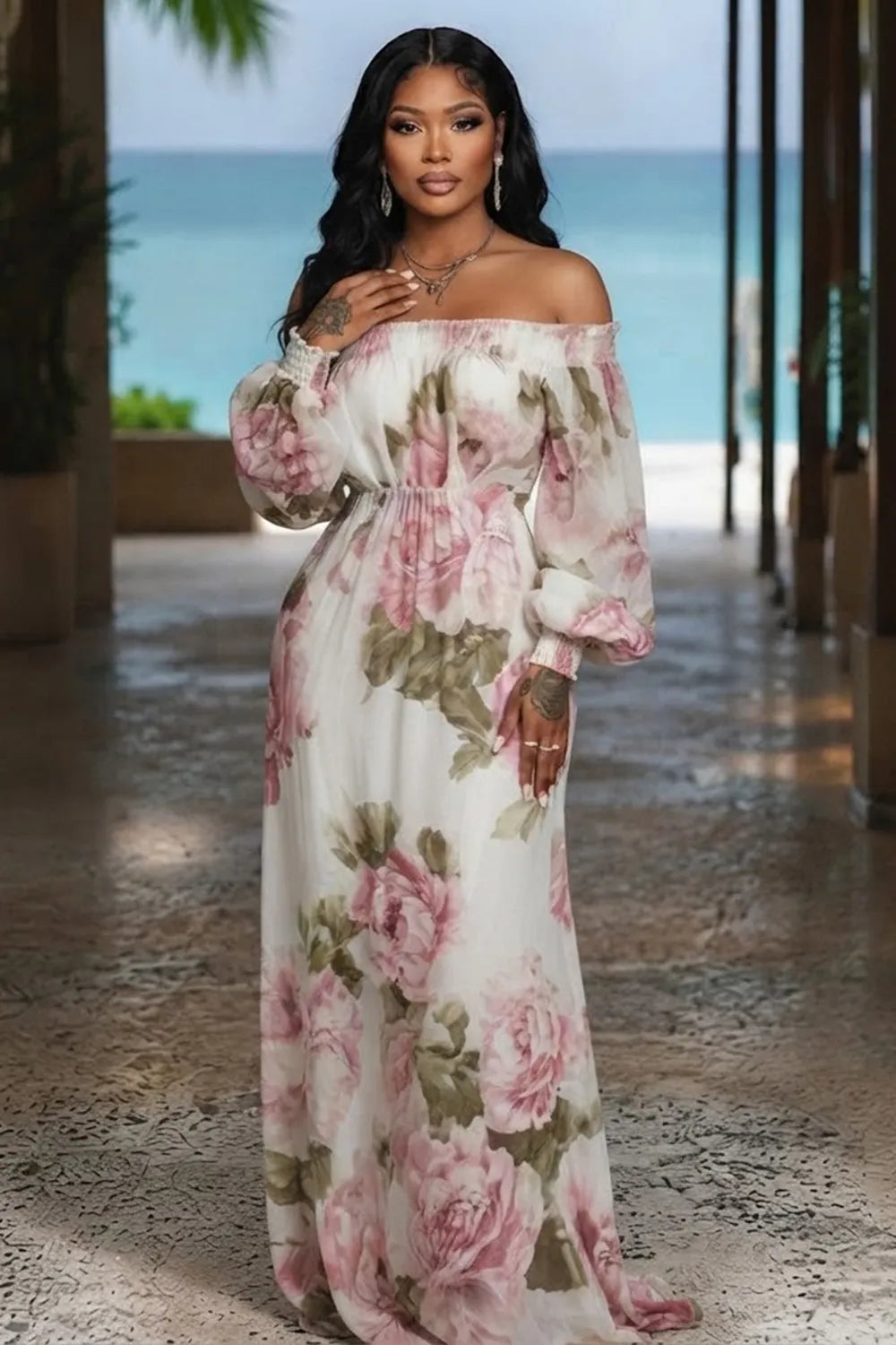 Smocking Off Shoulder Floral Print Cinch Waist Vacation Maxi Dresses-White