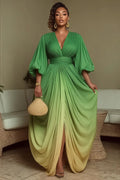 3/4 Sleeve V Neck Ruched Ombre Wedding Guest Maxi Dresses-Green