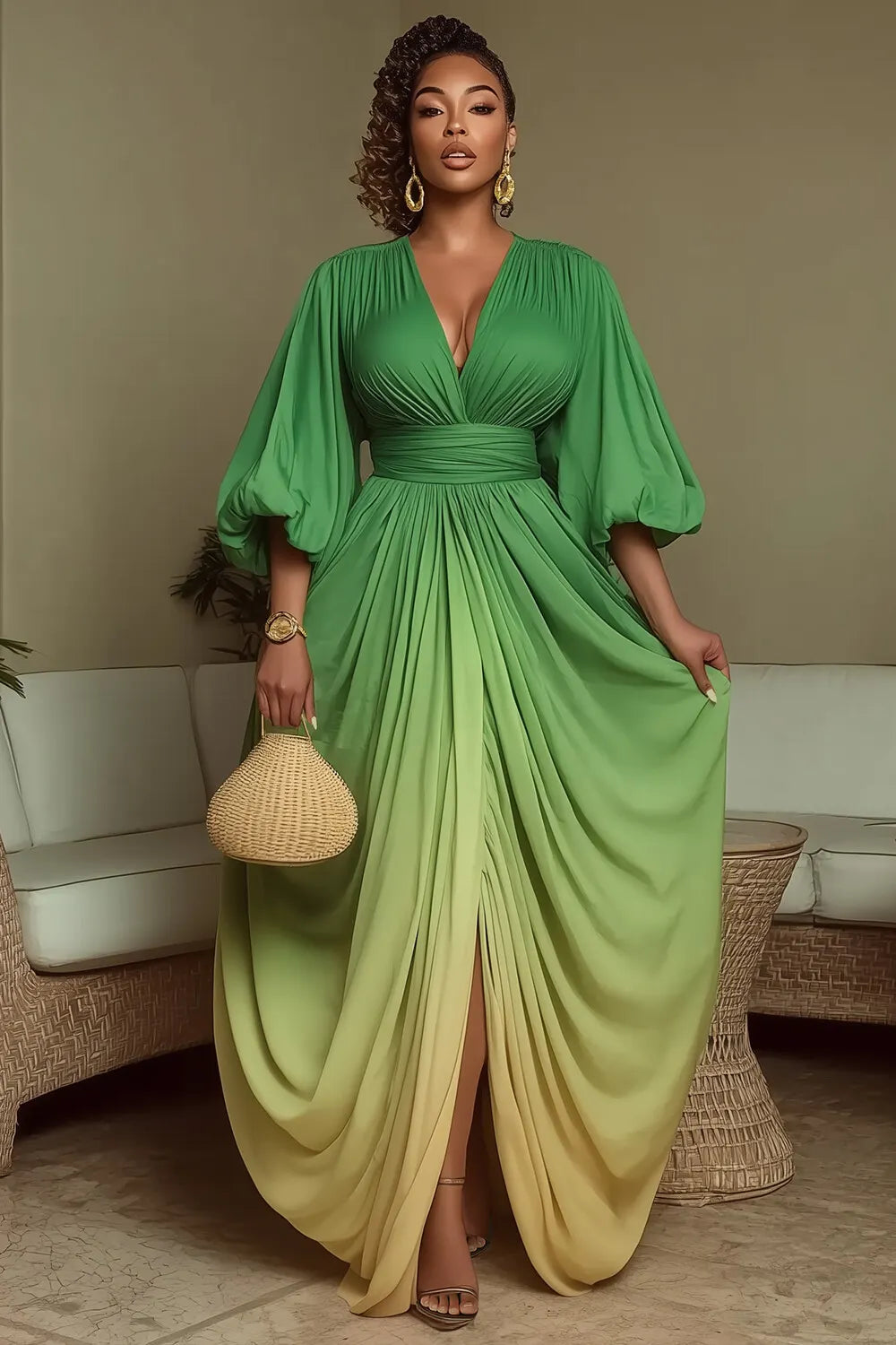 3/4 Sleeve V Neck Ruched Ombre Wedding Guest Maxi Dresses-Green