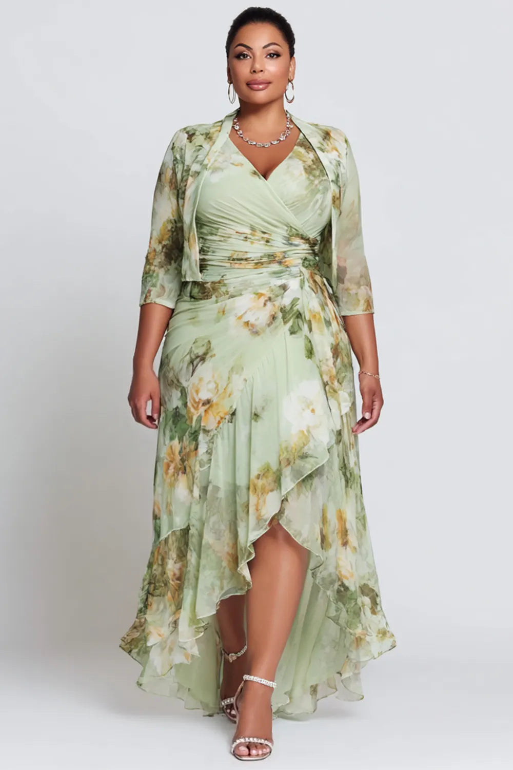 Mother Of The Bride Sage Green Floral Wrap Neck 3/4 Sleeve Fold Asymmetric Hem Chiffon Two Piece Dress Set