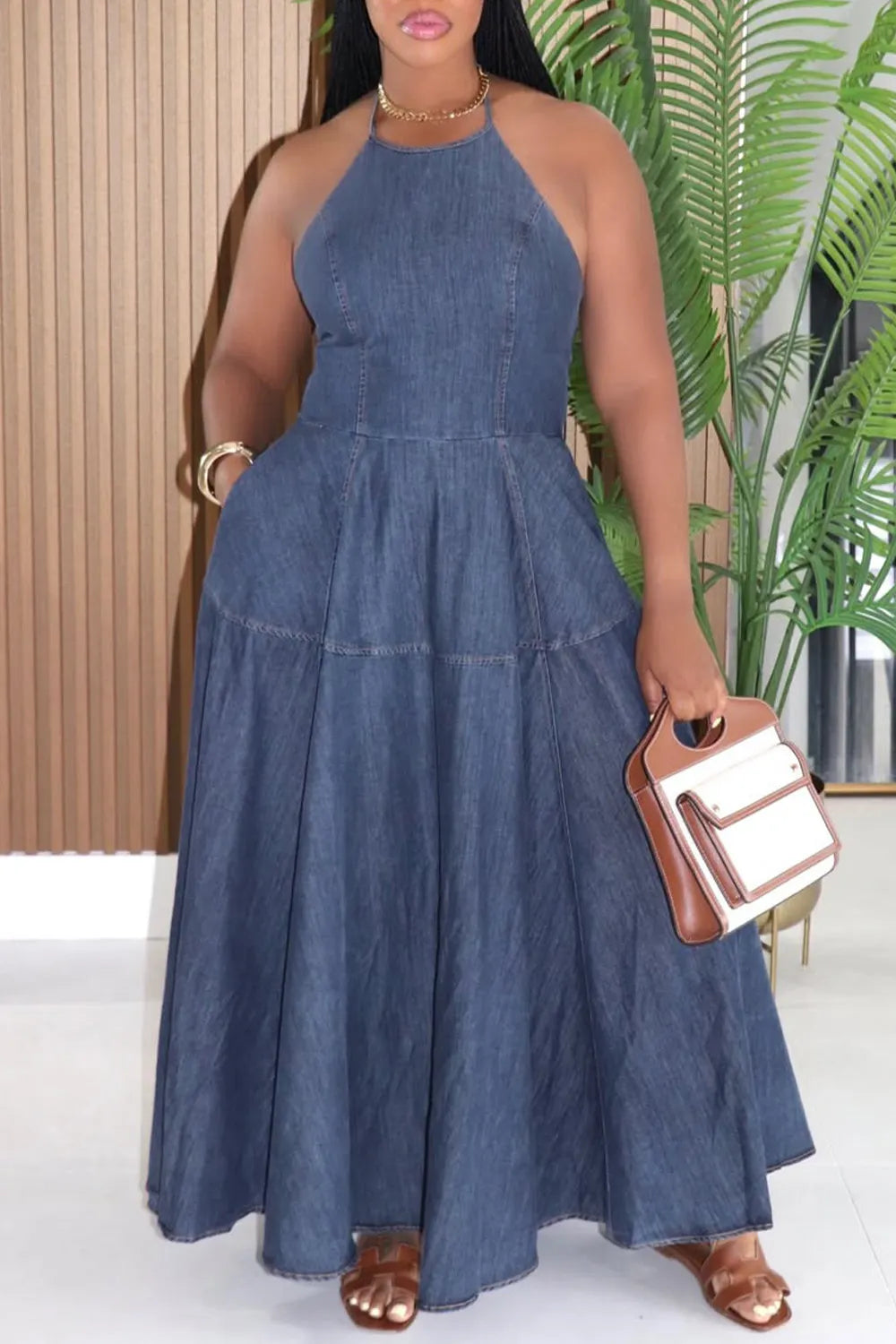 Plus Size Vacation Blue Halter Collar Pocket Denim Maxi Dresses
