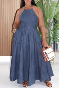 Plus Size Vacation Blue Halter Collar Pocket Denim Maxi Dresses