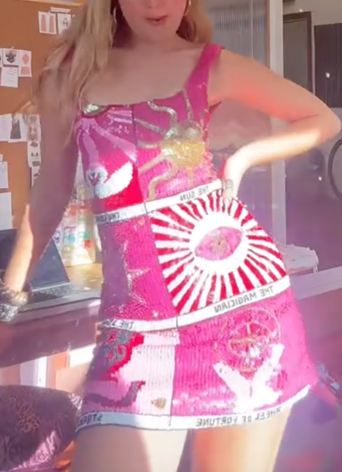 Pink Patchwork Sequin Mini Dress with Tarot Sun Eye Star Embroidery & Text Strap
