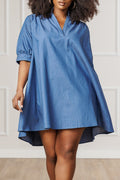 Plus Size Business Casual Blue Shirt Collar Short Sleeve Pocket Casual Tencel Denim Mini Dresses