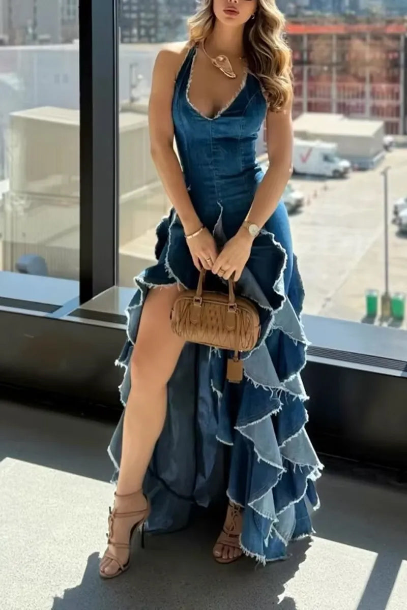 Ladies' Elegant Backless Deep V-Neck Long Denim Dress