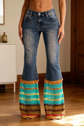Women's Washed Water Spliced Knitted Hollow Casual Jeans