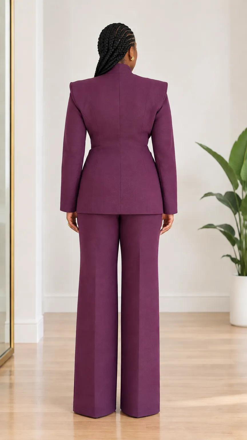 Women's Sculpted Collar Double-Breasted Blazer and Wide-Leg Pants 2-Piece Suit Set