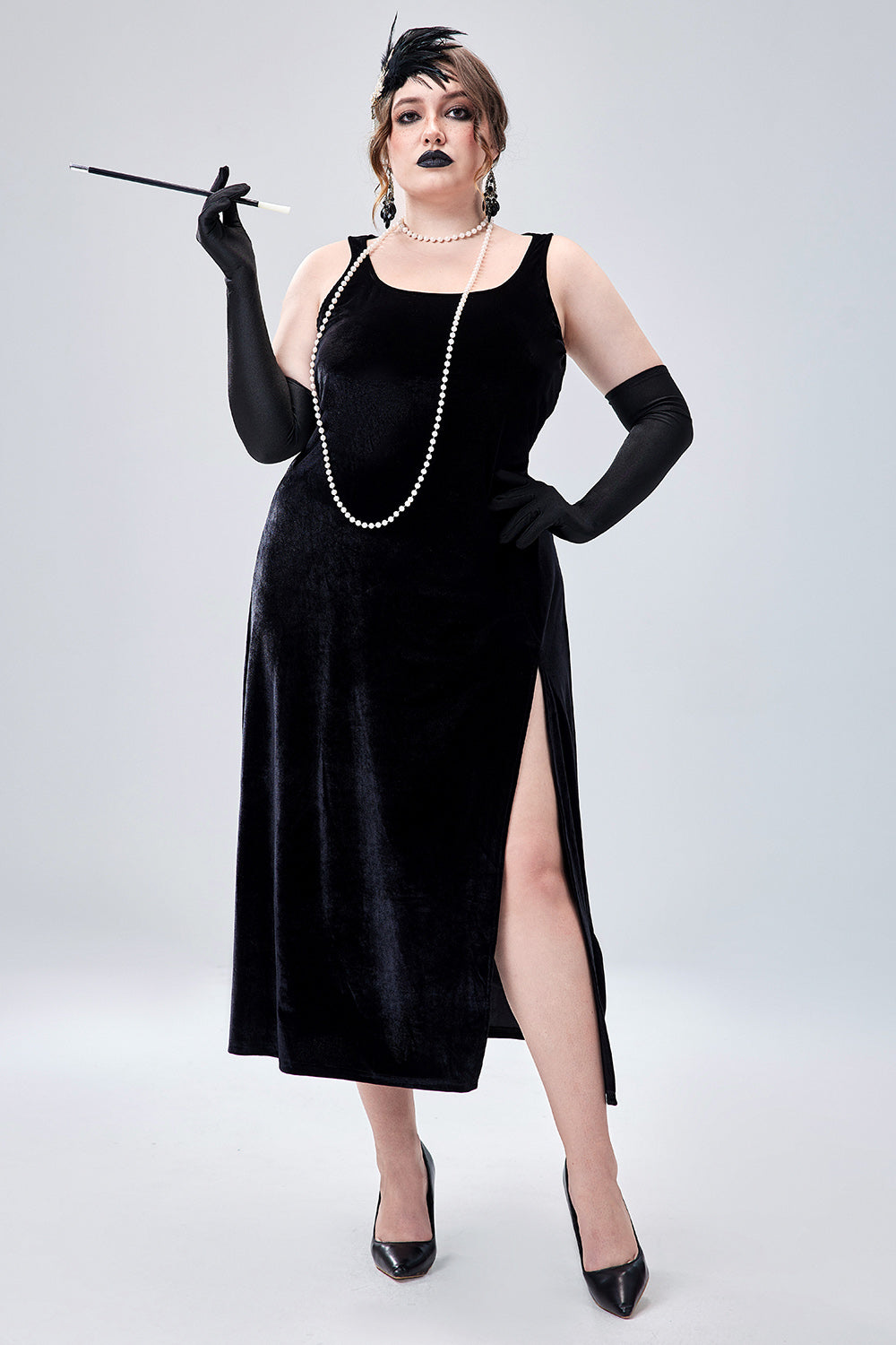 Halloween Costume 1920s Flapper Dress Gothic Square Collar Sleeveless High Split Velvet Midi Dress(Ships 24h)