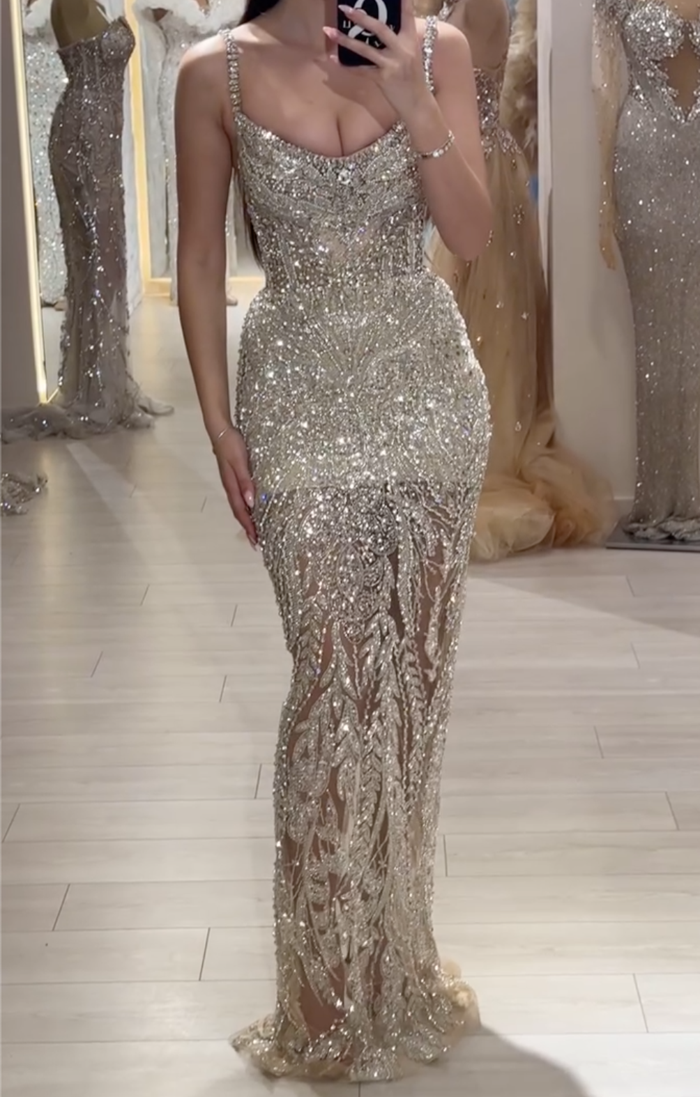 Champagne Beaded Sheath Maxi Dress with Crystal Spaghetti Straps & Leaf Embroidery