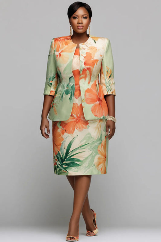 Churchs Multicolor Floral Round Neck 3/4 Sleeve Split Satin Two Piece Dress Set