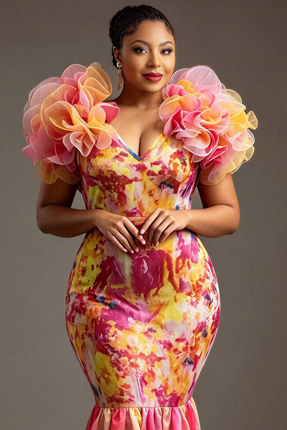 Multicolor Gradient V Neck Flutter Sleeve Mermaid Ruffle Tulle Maxi Dresses