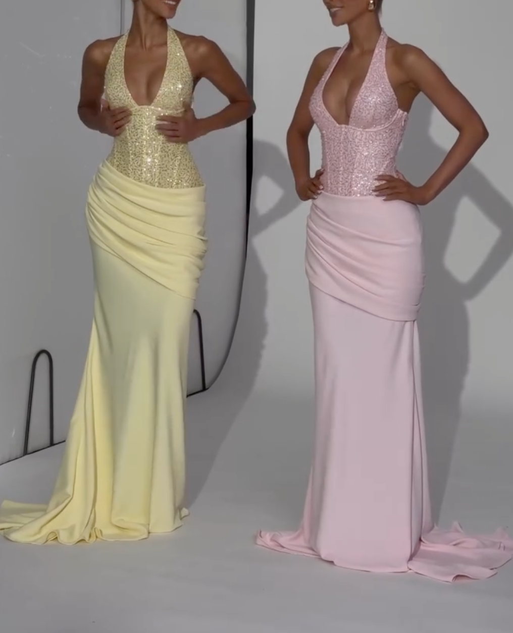 Yellow/Pink Halter Deep V Sequin Corset Ruched Mermaid Maxi Formal Evening Gown