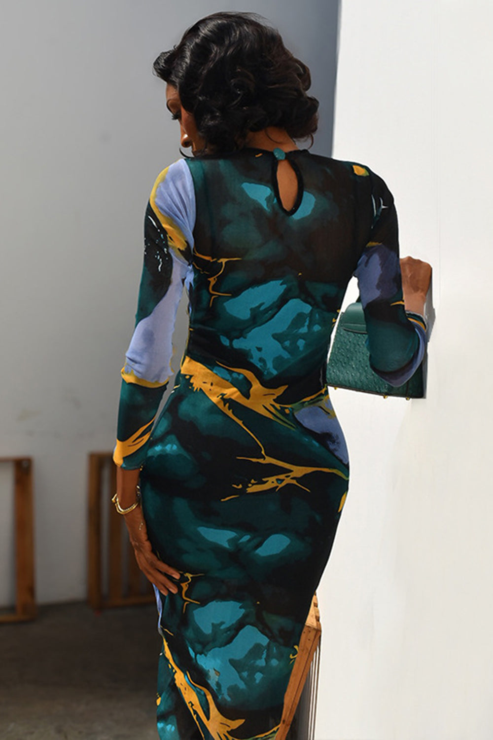 Round Neck Cut Out Colorblock Print Slim Fit Casual Maxi Dresses-Multicolor