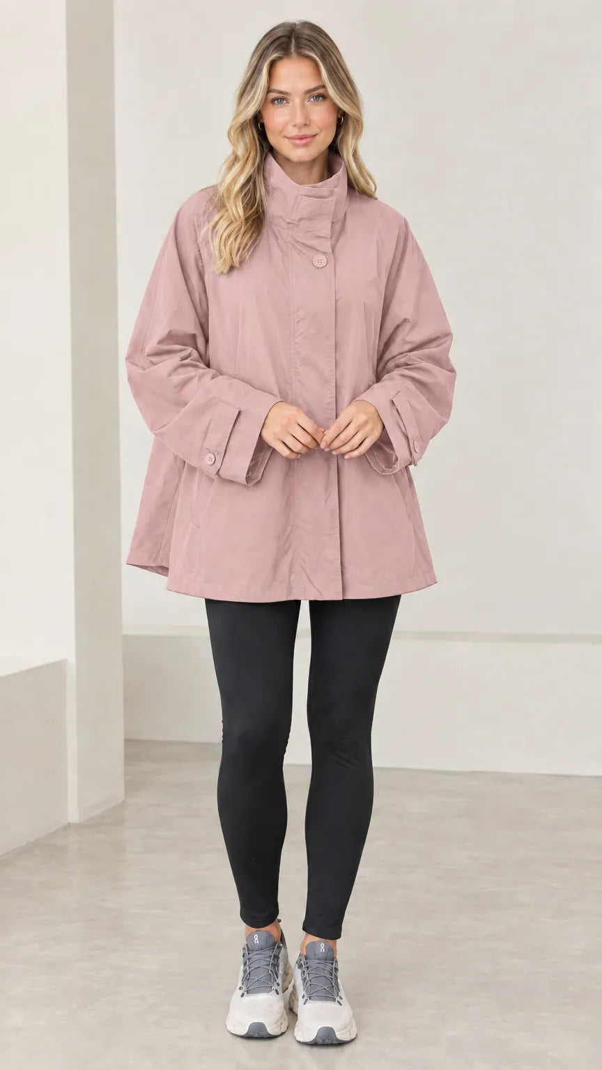 Women's Stand Collar A-Line Swing Trench Jacket with Back Flap