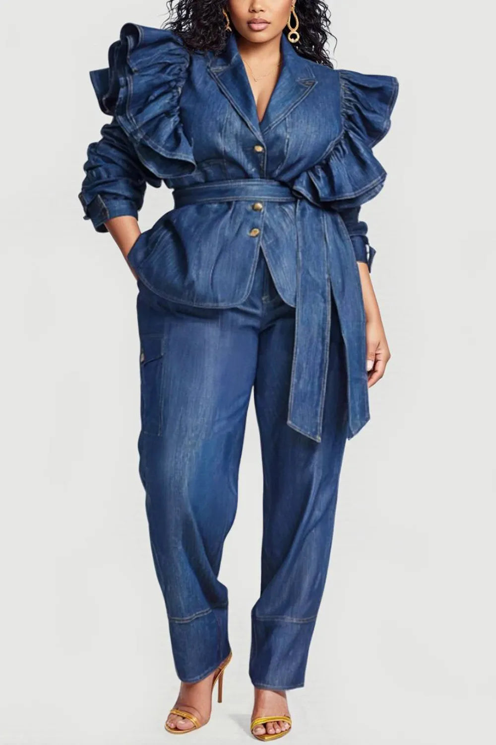 Business Casual Blue Turndown Collar Long Sleeve Ruffle Elegant Pocket Two Piece Pant Sets
