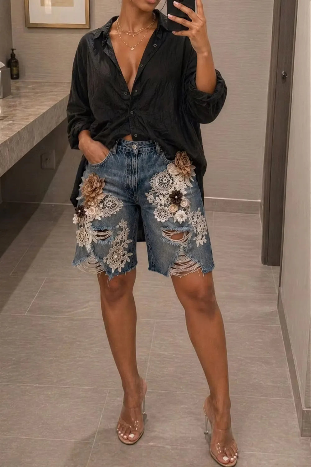 Plus Size Party Blue Ripped 3D Denim Jeans