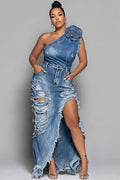 Xpluswear Design Plus Size Party Blue One Shoulder 3D Distressed Denim Two Pieces Skirt Sets