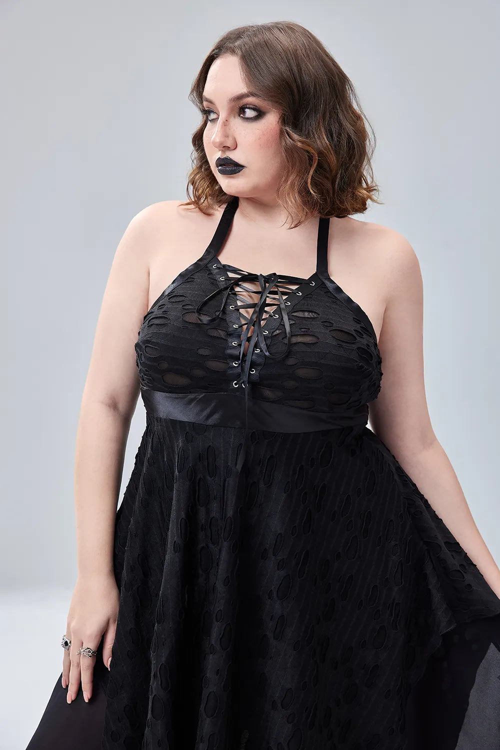 Halloween Costume Black Lace Up Sleeveless Irregular Hollow Knitted Midi Dress(Ships 24h)