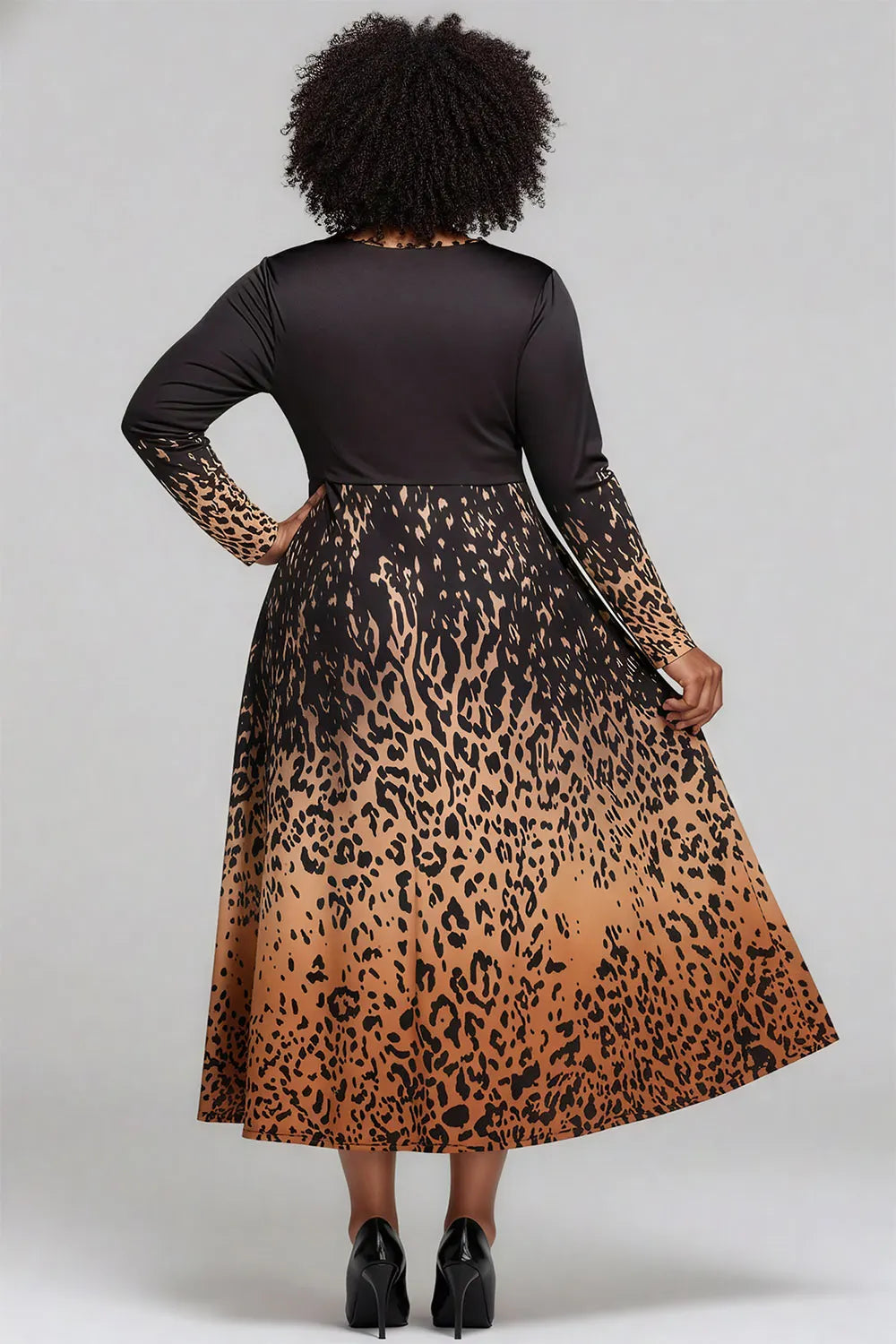 Business Casual Brown Leopard Round Neck Long Sleeve Pocket Elegant Midi Dresses