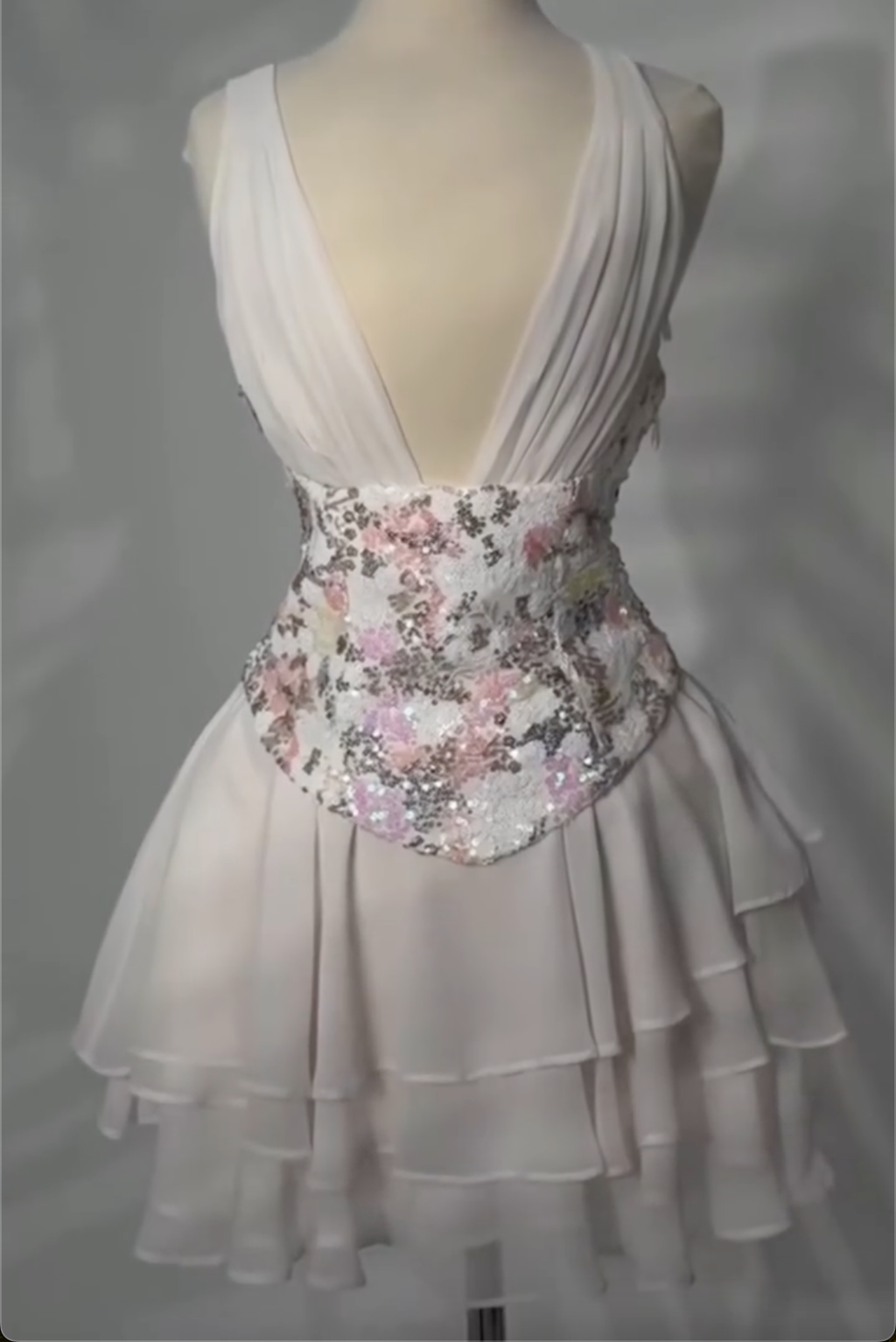 White Deep V Floral-Sequin Corset Tiered Mini Dress - Formal Party Gown