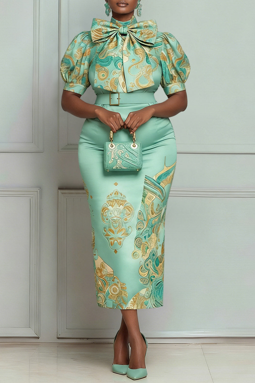 Mother Of The Bride Sage Green Floral Mock Neck Short Sleeve Bow Tie Bodycon Satin Two Piece Skirt Sets