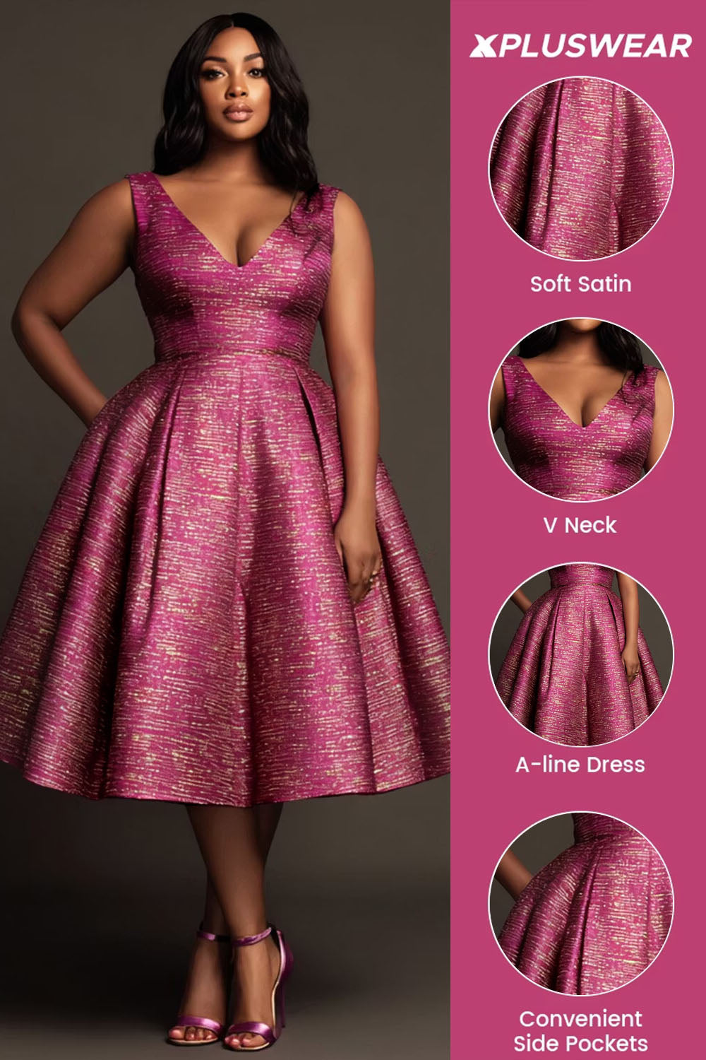 Cocktail Party Elegant Hot Pink V Neck Pocket Pleated Satin Midi Dresses