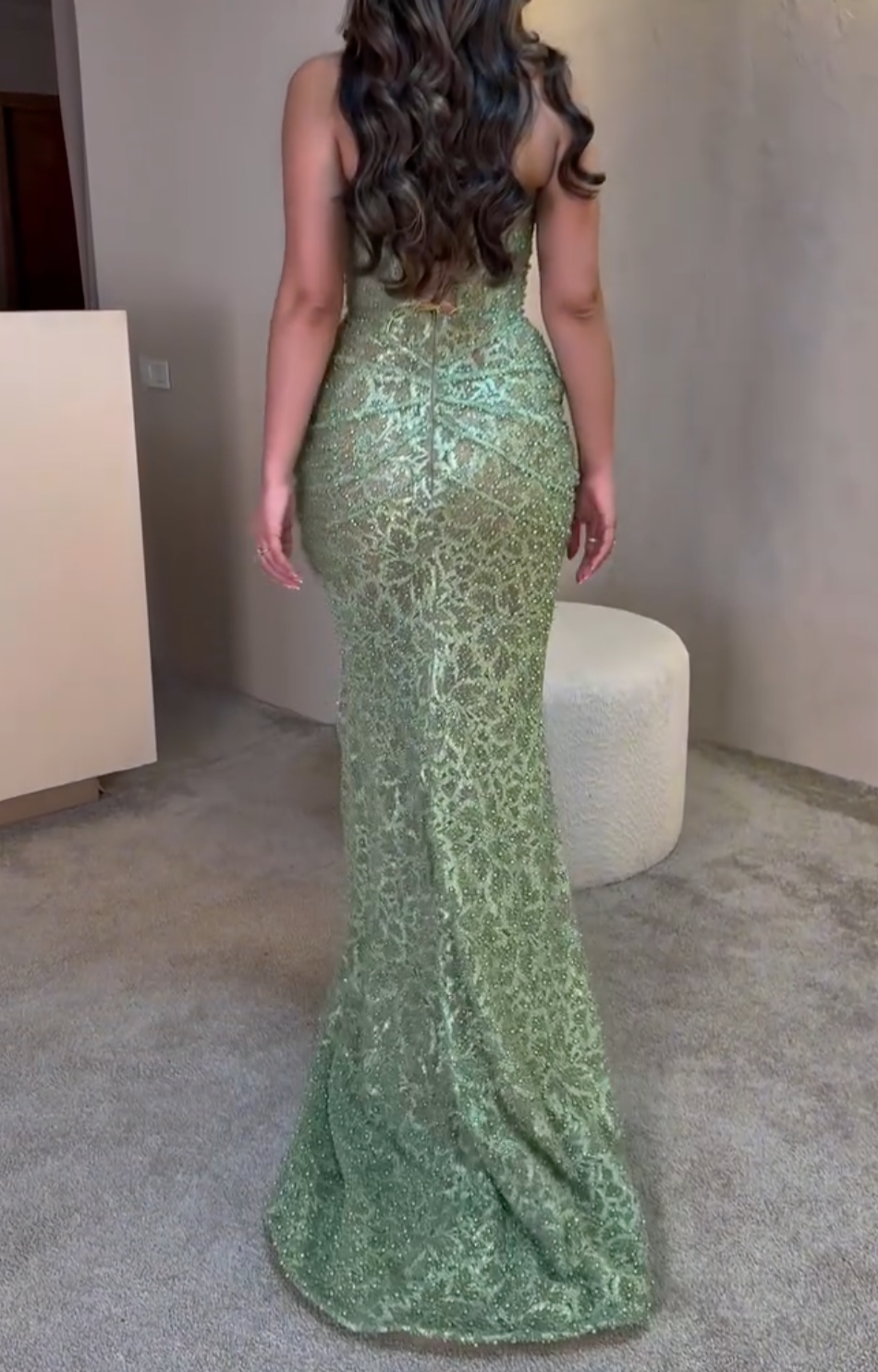 Mint Green Halter Maxi Dress with Lace Appliqué & Crystal Embellishments