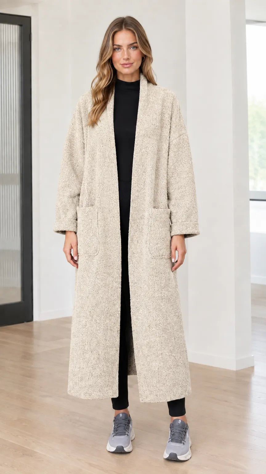 Women's Textured Bouclé Long Open Front Duster Coat with Pockets