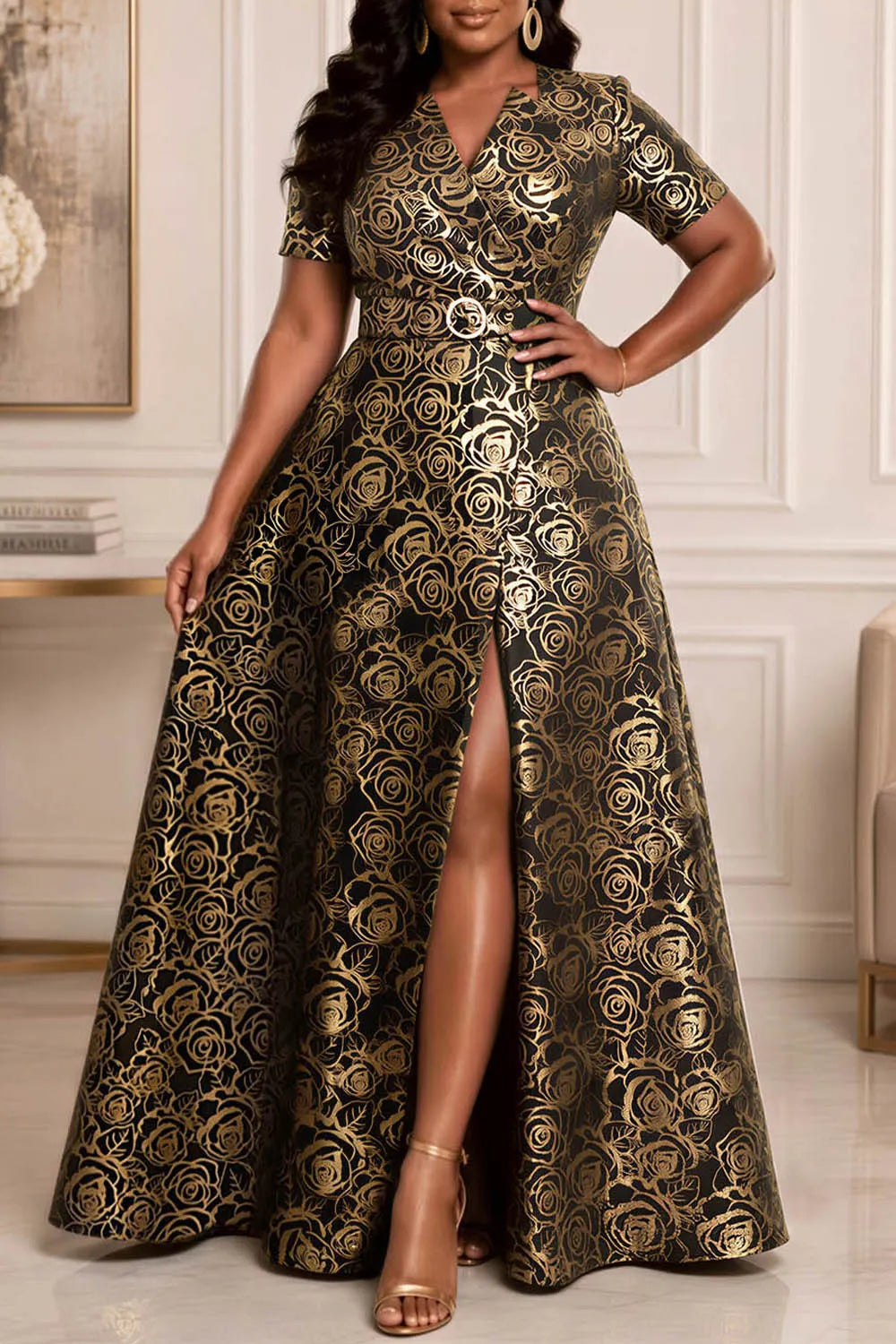 Gold Short Sleeve Pocket Split Satin Maxi Dresses [Pre-Order]