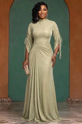 Mock Neck Drawstring Sleeve Ruched Gowns Maxi Dresses-Green [Pre Order]