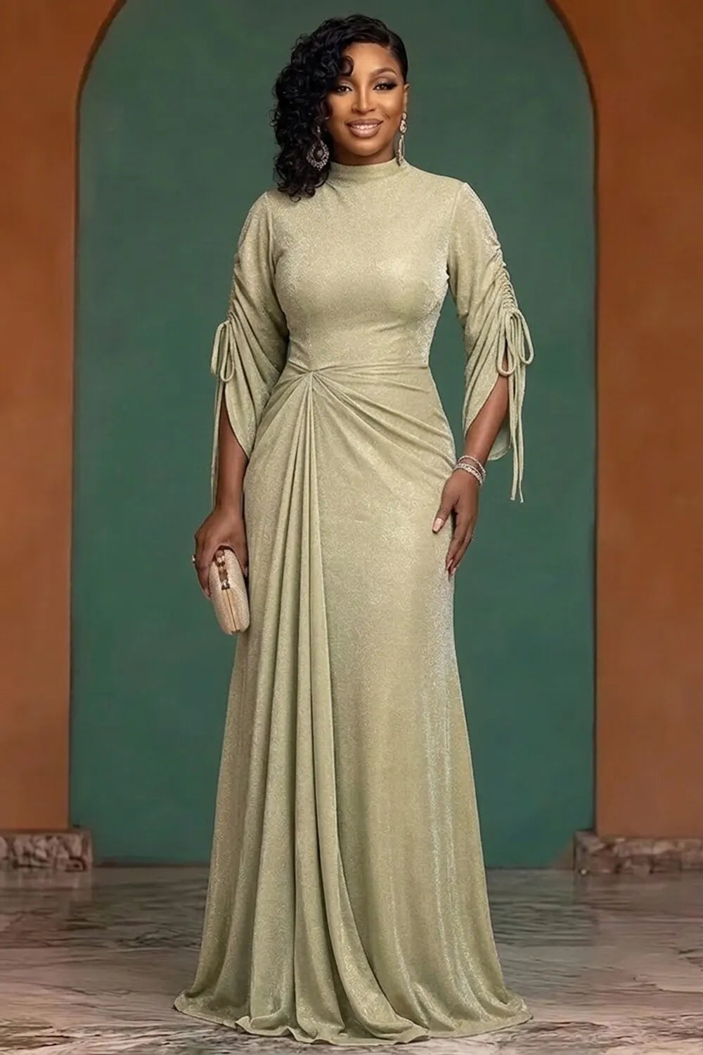 Mock Neck Drawstring Sleeve Ruched Gowns Maxi Dresses-Green [Pre Order]