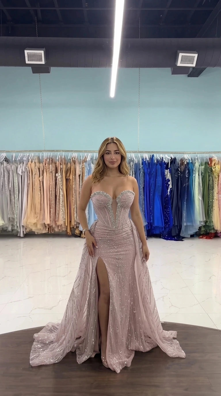 Strapless Corset Embellished Evening Gown with Slit and Overskirt