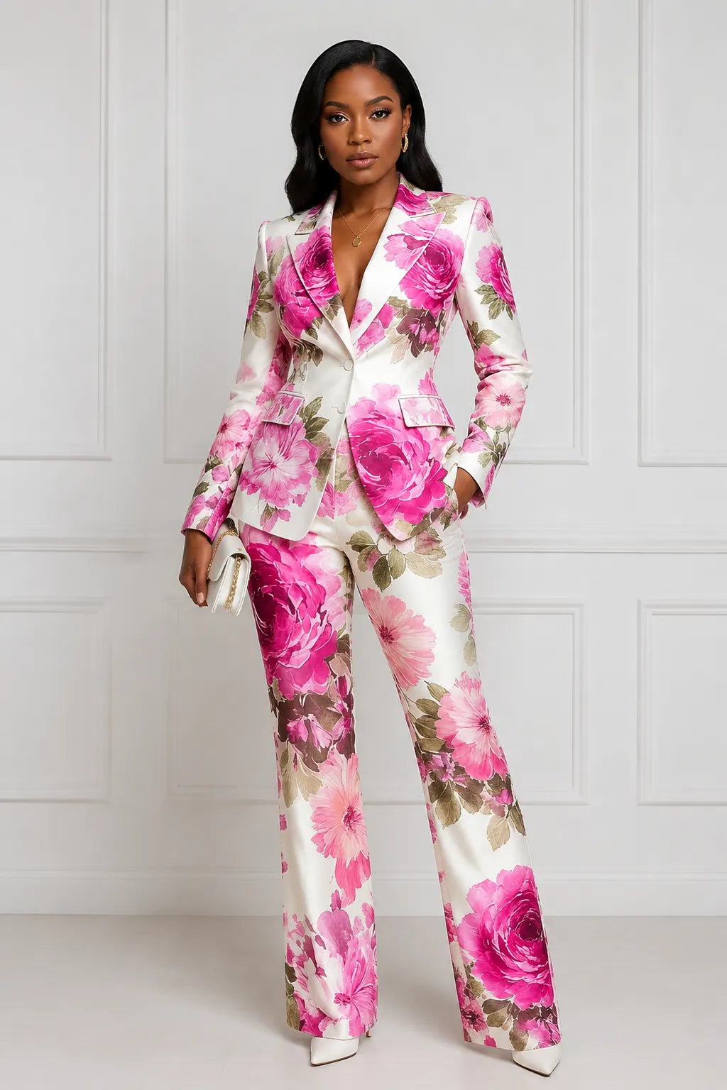 Pink Floral Lapel Collar Long Sleeve Pocket Two Piece Pant Suits