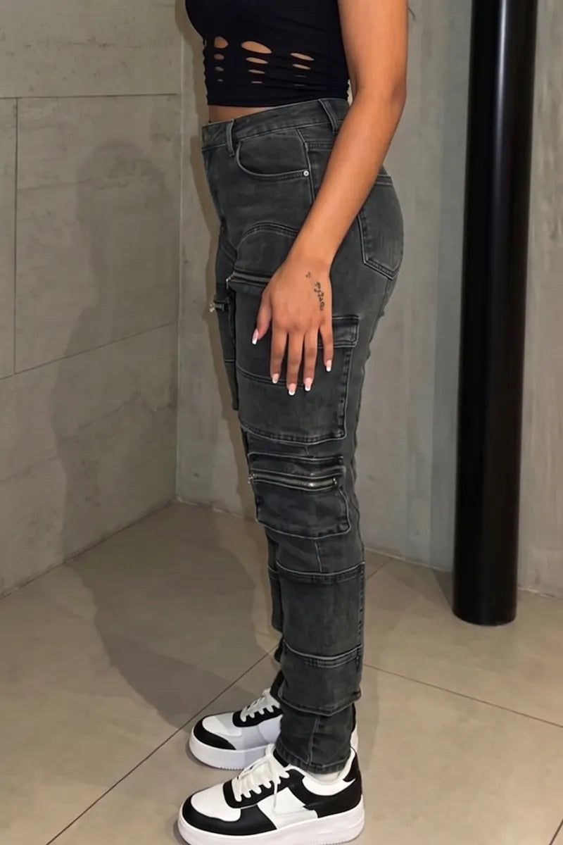 Women's Y2k Zipper Multi Pocket Jogger Jeans