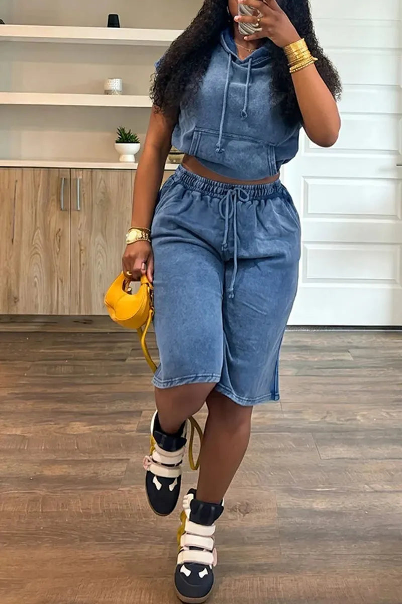 Women's Washed Denim Sleeveless Hoodie And Drawstring Waist Shorts