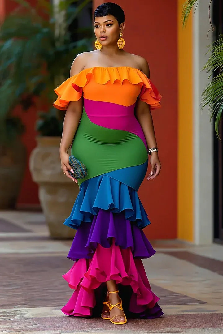 Party Rainbow Colorblock Off The Shoulder Mermaid Tiered Maxi Dresses