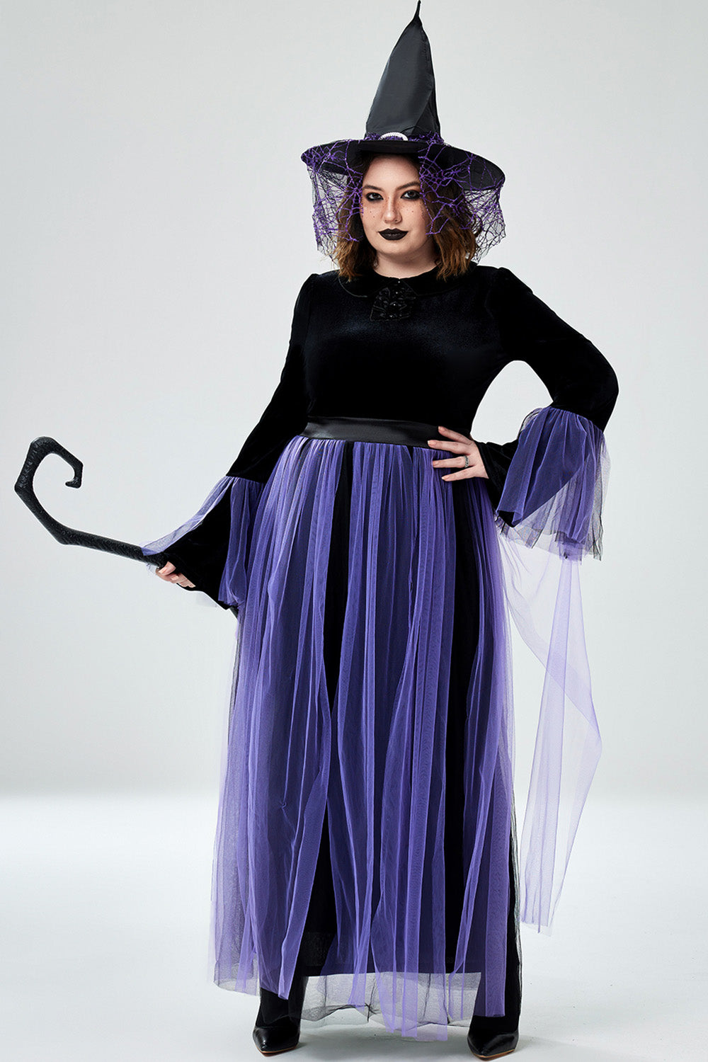 Halloween Costume Purple Cosplay Witches Overlay Mesh Maxi Dress (Without Hat And Cane)(Ships 24h)