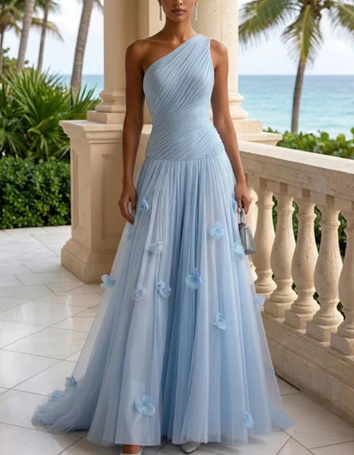 Sky Blue Chiffon One-Shoulder Ruched Maxi Dress