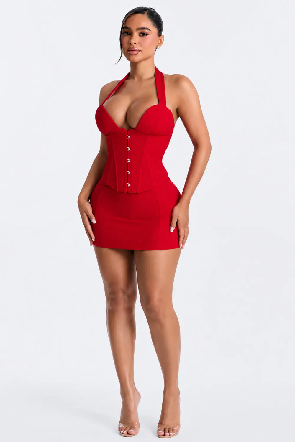 Halter Corset Top Bodycon Mini Skirt Solid Color 2pcs Set-Red [Pre Order]