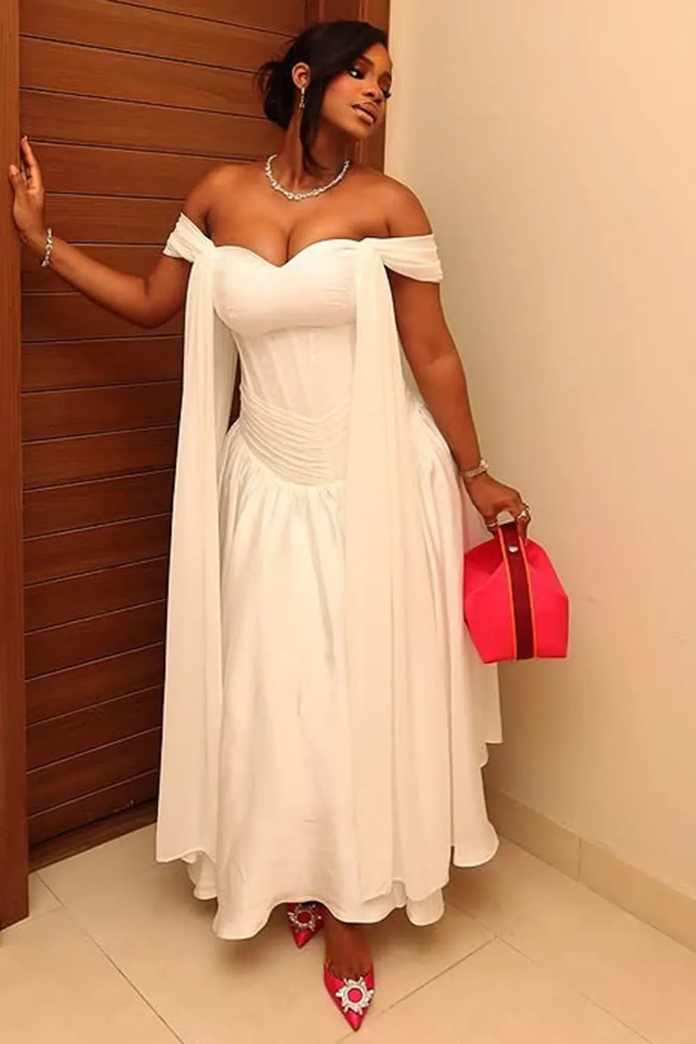 Off Shoulder Corset Front Sash Evening Gowns Maxi Dresses-White [Pre Order]