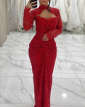 Red Beaded Lace High Neck Cutout Maxi Dress