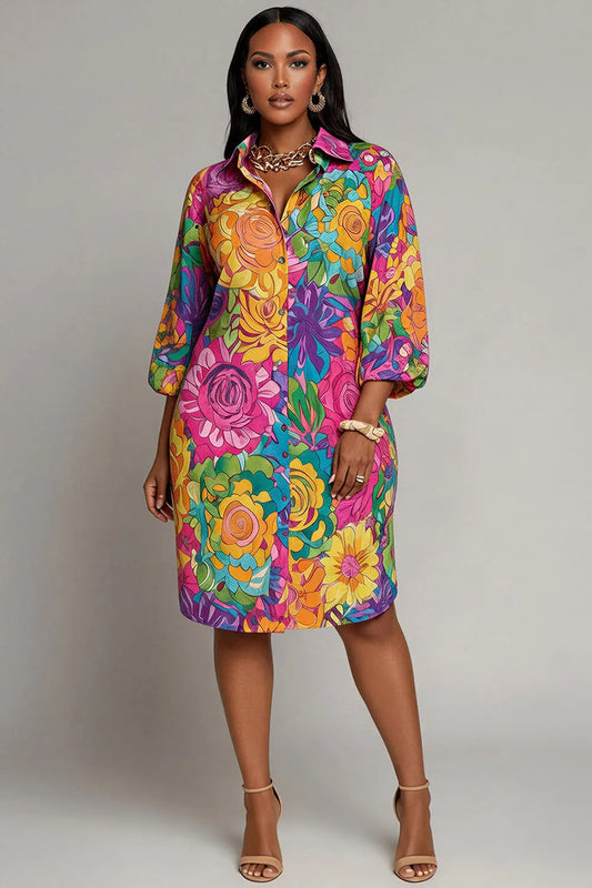 Party Multicolor Floral Shirt Collar 3/4 Sleeve Pocket Midi Dresses