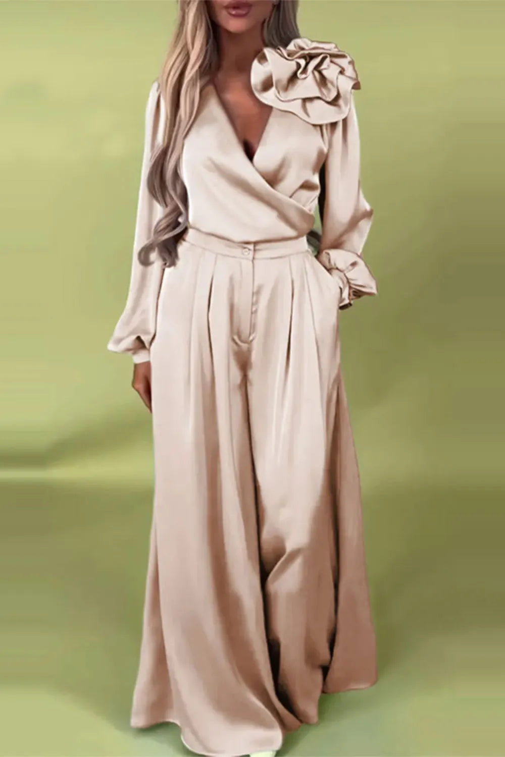 Plus Size Business Casual Blue Wrap Neck Lantern Sleeve Long Sleeve 3D Elegant Pocket Satin Two Piece Pant Sets