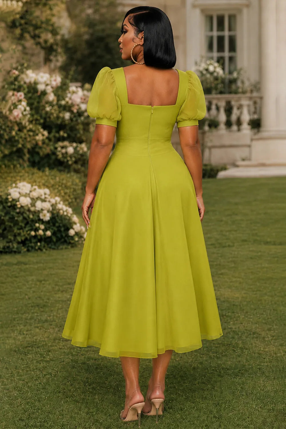 Square Neck Puff Sleeve Cinch Waist Ruffle Hem Midi Dresses-Green [Pre Order]