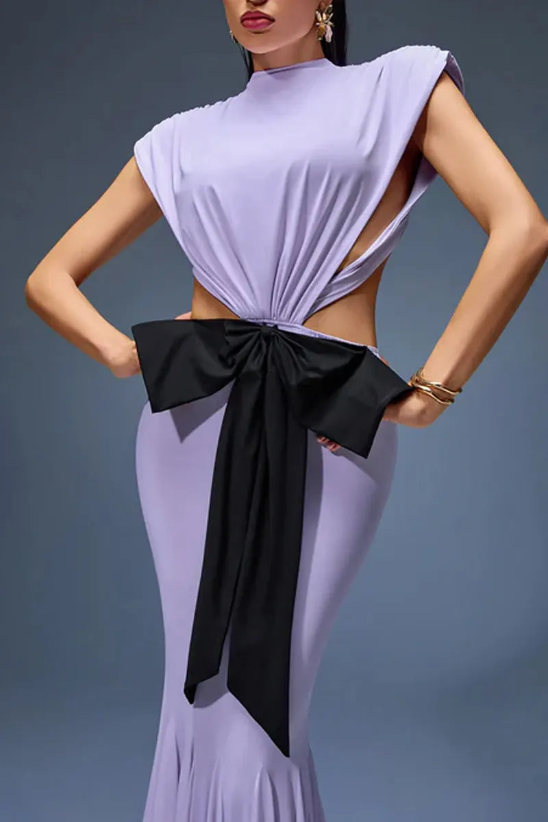 Women Lavender High Neck Cap Sleeve Cutout Waist Black Bow Mermaid Maxi Dress