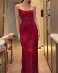 Wine Red Strapless Diagonal Ruched Sparkle Mesh Mermaid Evening Maxi Dress For Wedding Guest Prom Gala Birthday Party