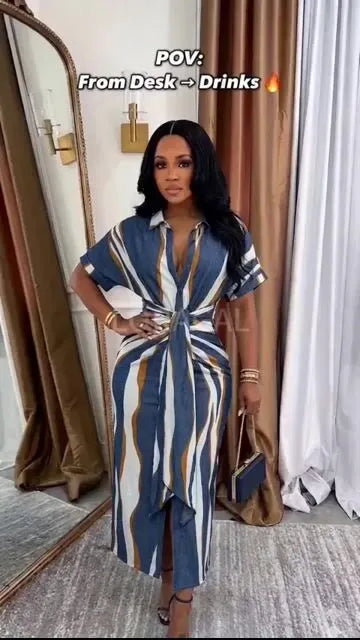 Turndown Collar Short Sleeve Ruched Sash Casual Maxi Dresses-Blue